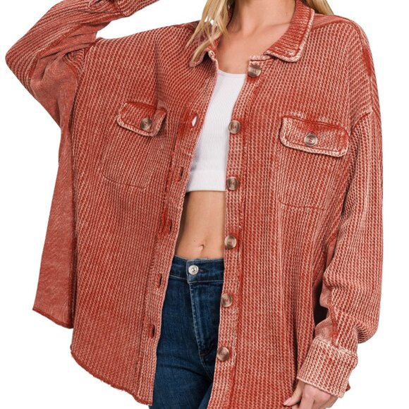 ZENANA LADES ACID WASH OVERSIZED COTTON BUTTON DOWN WAFFLE SHACKET - RUST ORANGE - Picture 1 of 6